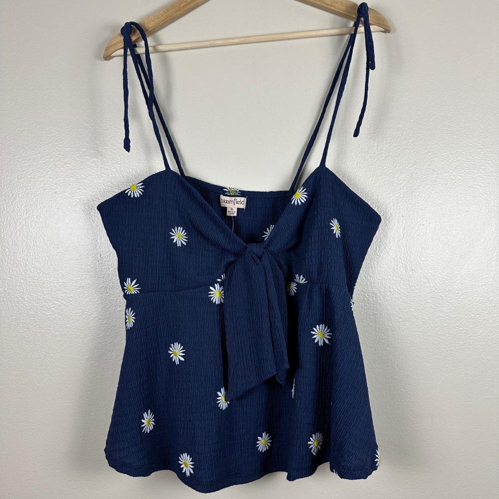 Bloomfield‎ Women's XL Camisole Navy Blue Daisy Embroidered Tie Front Boho NEW